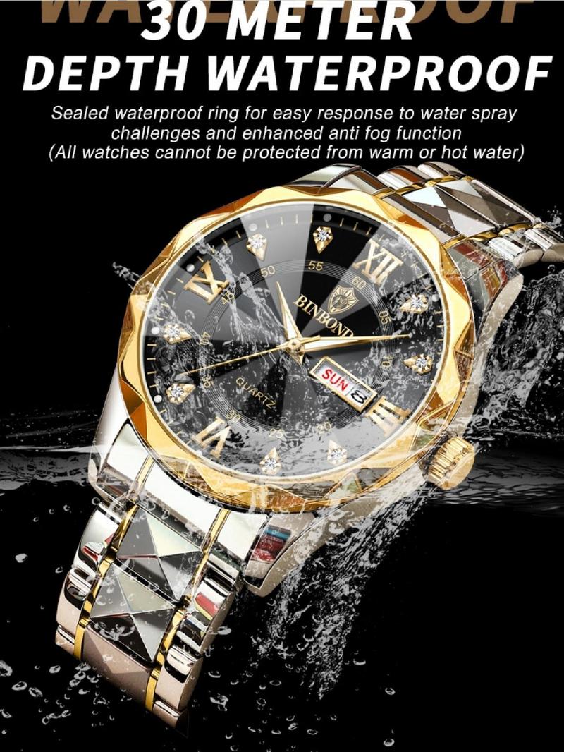 Men’s Fashion Quartz Watch – Rhinestone, Calendar, Waterproof